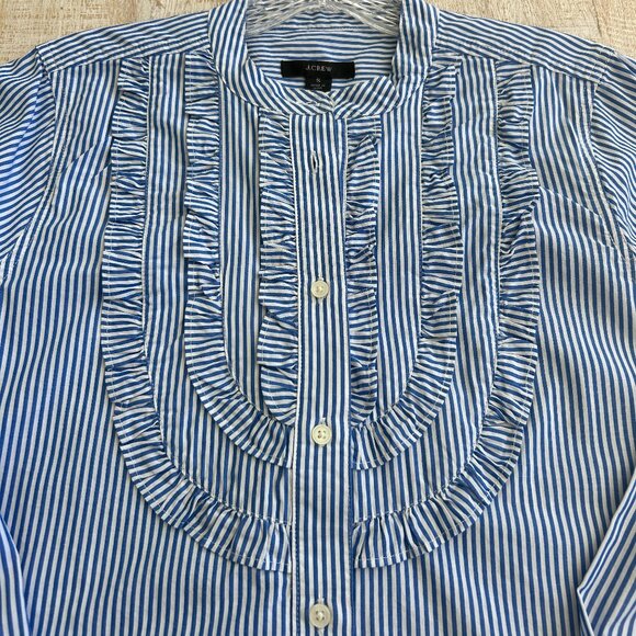 J. Crew blue/white pin-stripe pleated ruffle bib button down top blouse Sz small - Picture 3 of 6